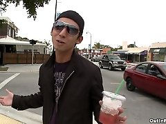 Micah Matthews enjoys jumping on a cock in the yard in gay sex scene