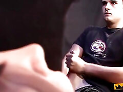 Young dude masturbates and cums in a guy's mouth through glory hole